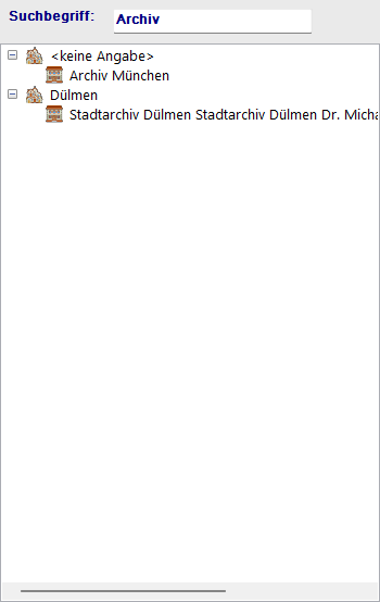 Archivbaum mit Suchfeld und Liste der erfassten Archive