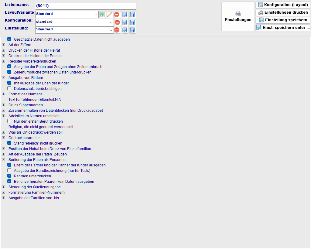 Druckdialog Geschlechterbuch mit Parameter-Panel