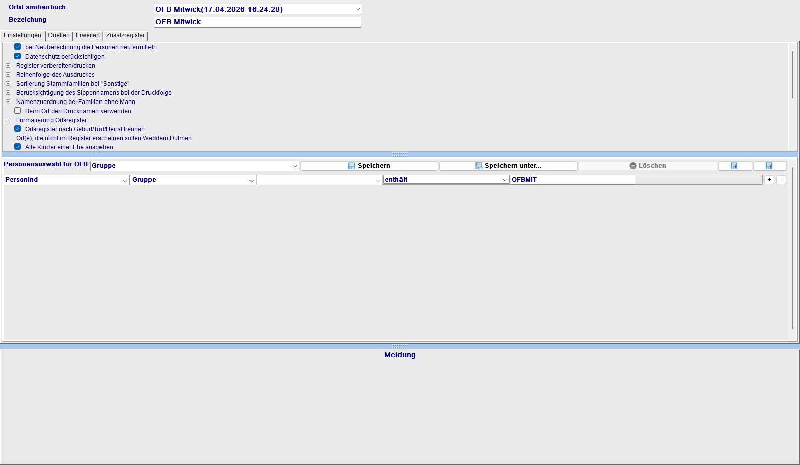 Ortsfamilienbuch-Dialog mit Ortsauswahl und Vorschau