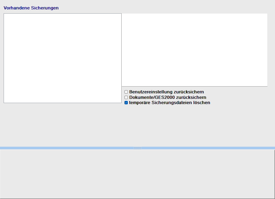 Datenrücksicherungs-Formular mit Sicherungsdatei-Liste und Optionen