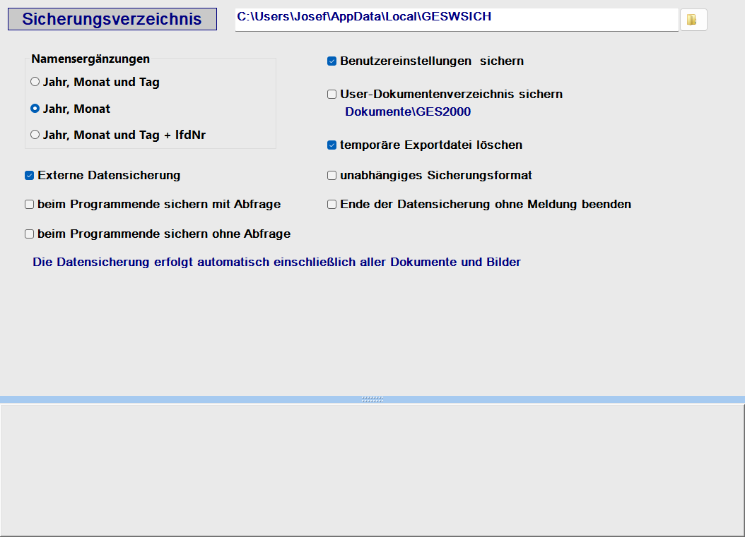 Datensicherungs-Formular mit Sicherungsverzeichnis und Optionen