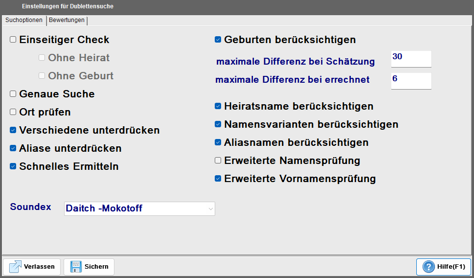 Dubletten-Parameter-Dialog, Tab Suchoptionen