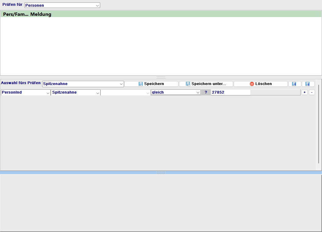 Prüfungsformular mit Ergebnisliste und Auswahl-Dropdown