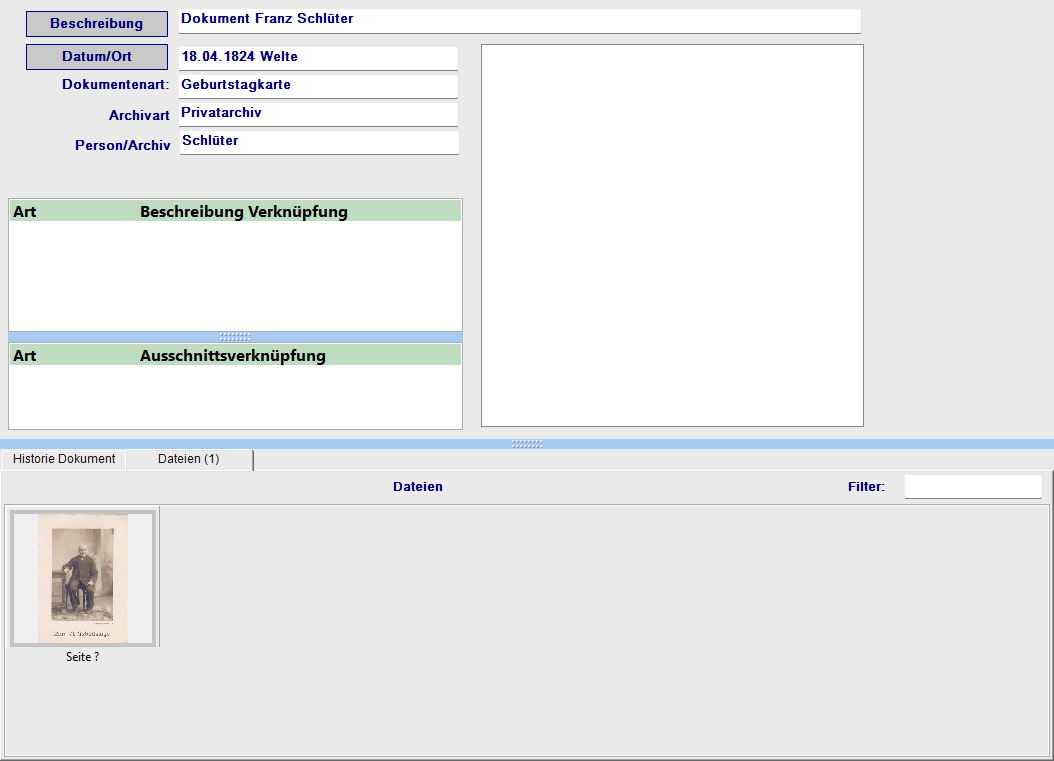Formular Dokumentenordner bearbeiten mit Feldern und Verknüpfungsliste