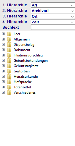Dokumentenbaum mit 4-stufiger Hierarchie und Suchfeld