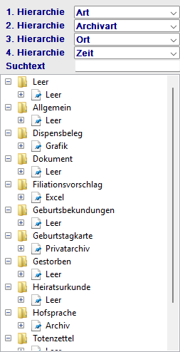 Vier Auswahlfelder für Hierarchiestufen 1 bis 4 im Dokumentenbaum