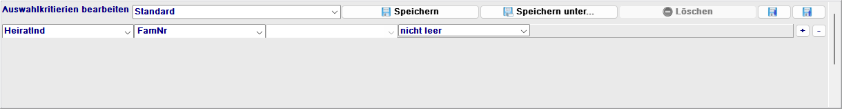Auswahlfilter-Panel mit zwei Filterzeilen und Konfigurationsauswahl