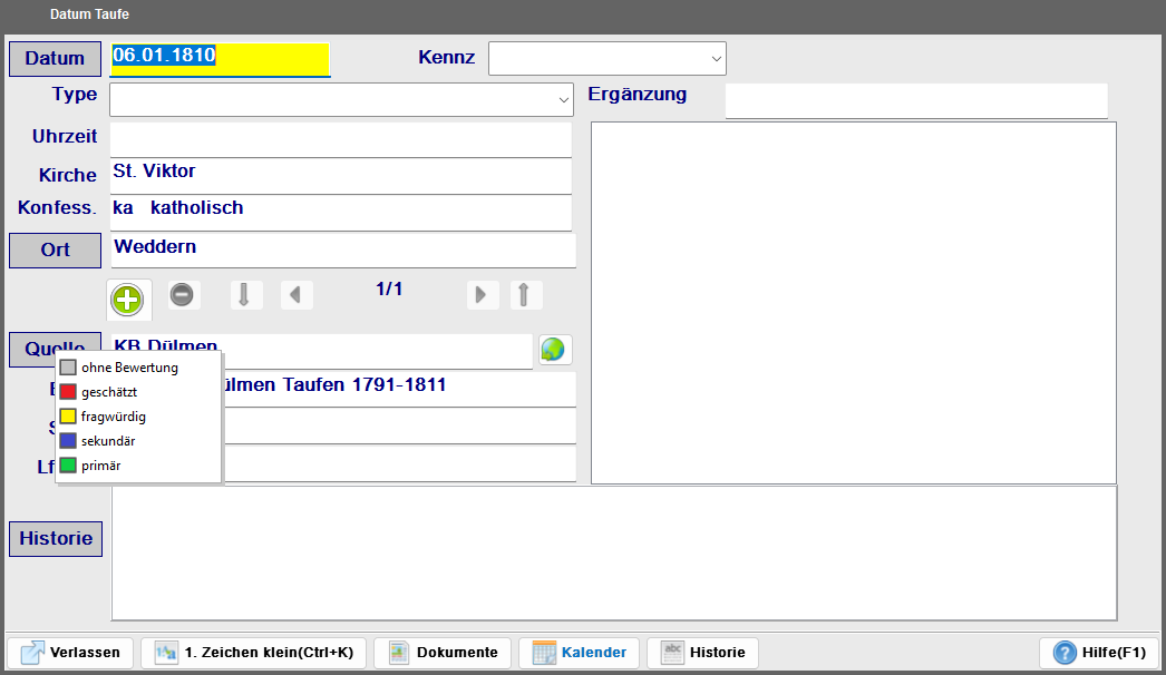 Datum-Dialog mit aufgeklapptem Bewertungs-Kontextmenü – Primär, Sekundär, Fragwürdig und weitere Stufen