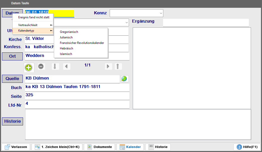 Datum-Dialog mit aufgeklapptem Kalendertyp-Menü (Gregorianisch, Julianisch, Französisch)