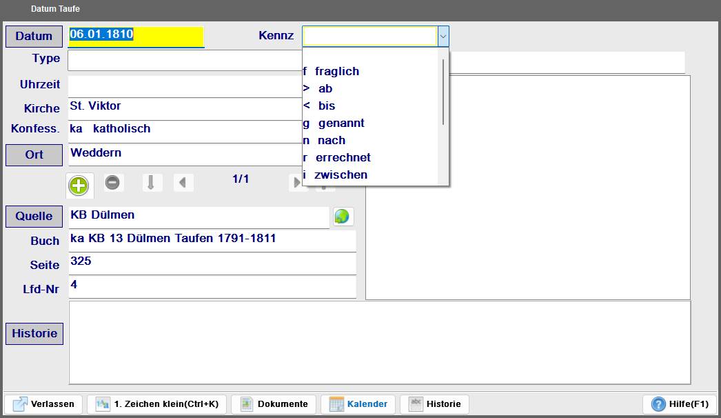 Datum-Dialog mit aufgeklapptem Kennzeichen-Dropdown – alle Optionen sichtbar (exakt, um, geschätzt, errechnet, …)