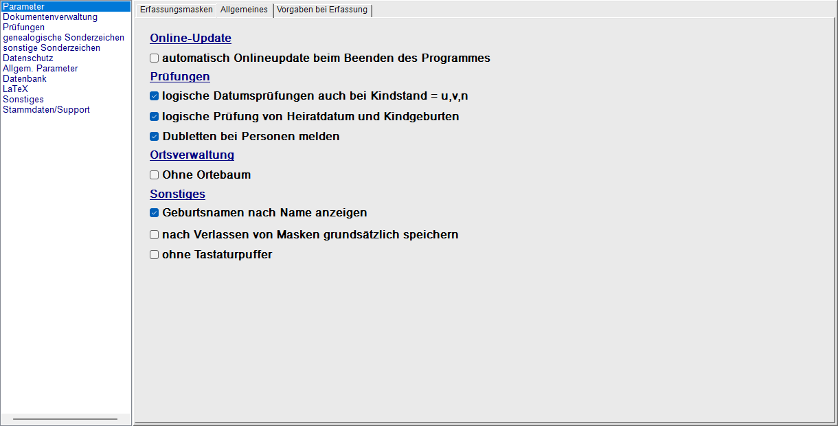 Einstellungen, Tab Parameter → Allgemeines
