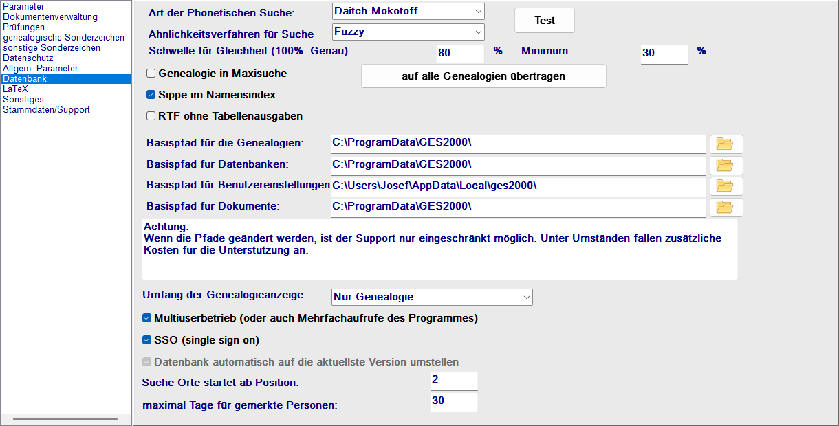 Einstellungen, Tab Datenbank mit Pfaden und Optionen