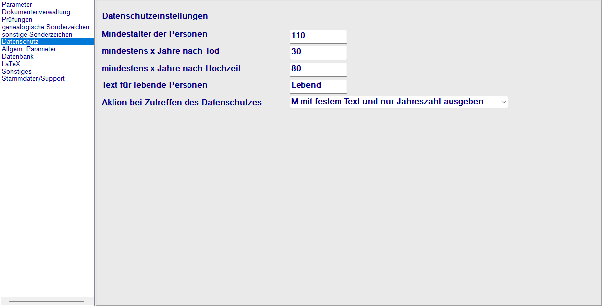 Einstellungen, Tab Datenschutz