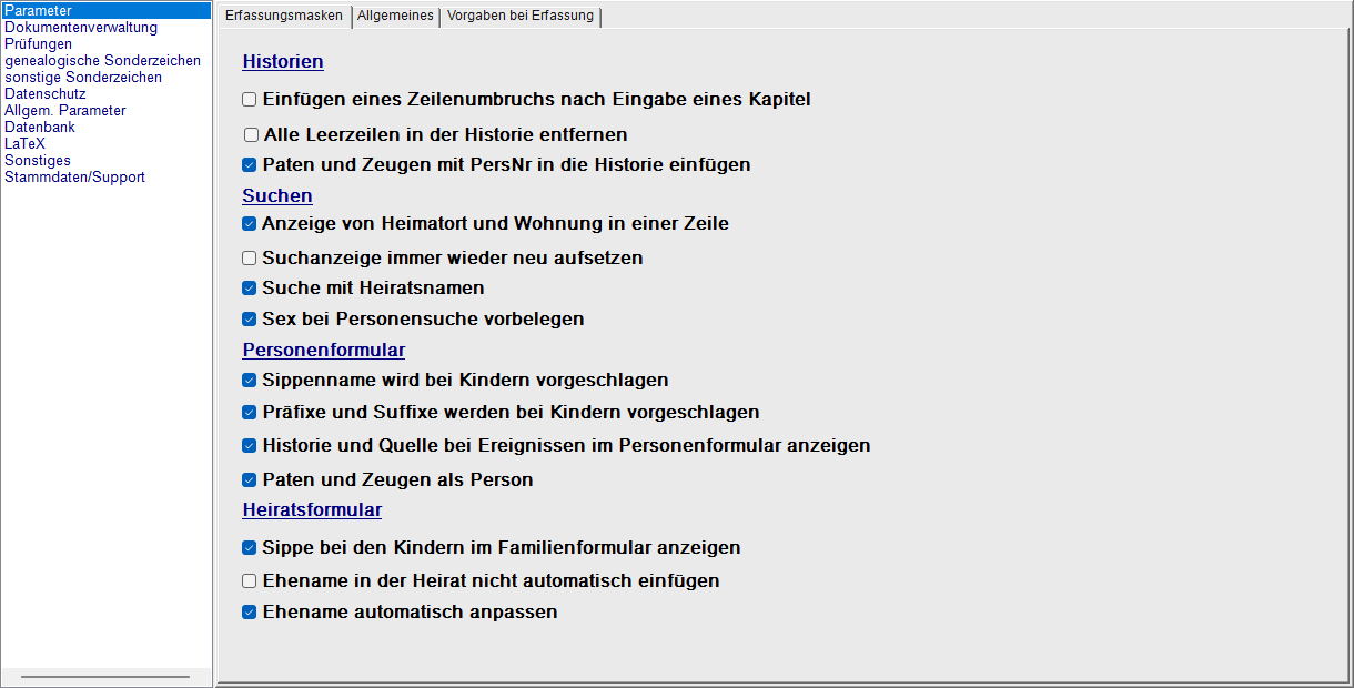 Einstellungen, Tab Parameter → Erfassungsmasken
