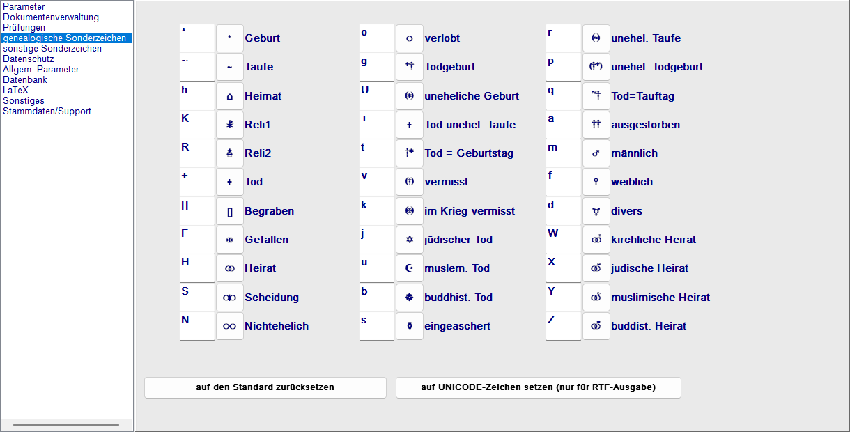Einstellungen, Tab Genealogische Sonderzeichen