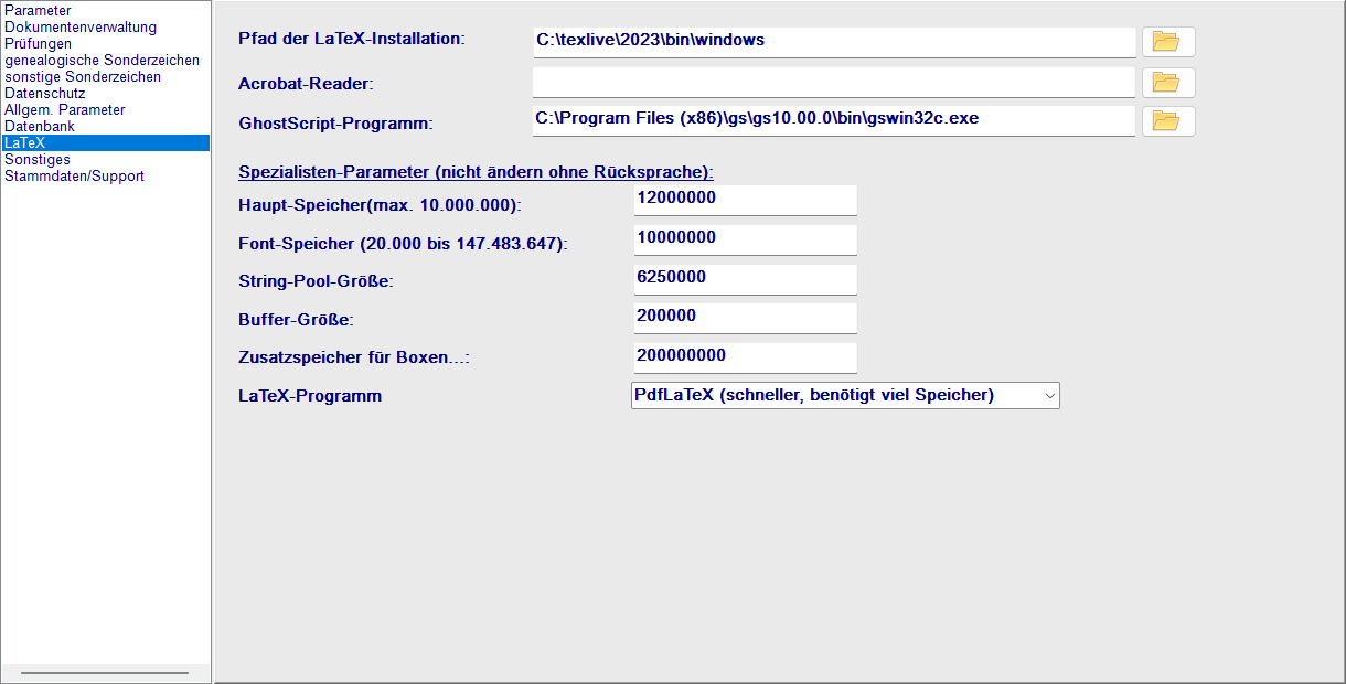 Einstellungen, Tab LaTeX mit Programmpfaden