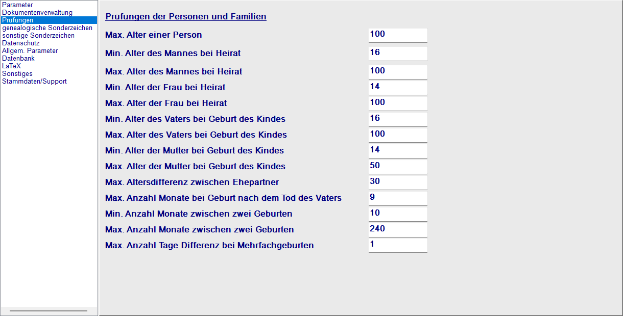Einstellungen, Tab Prüfungen mit Grenzwerten