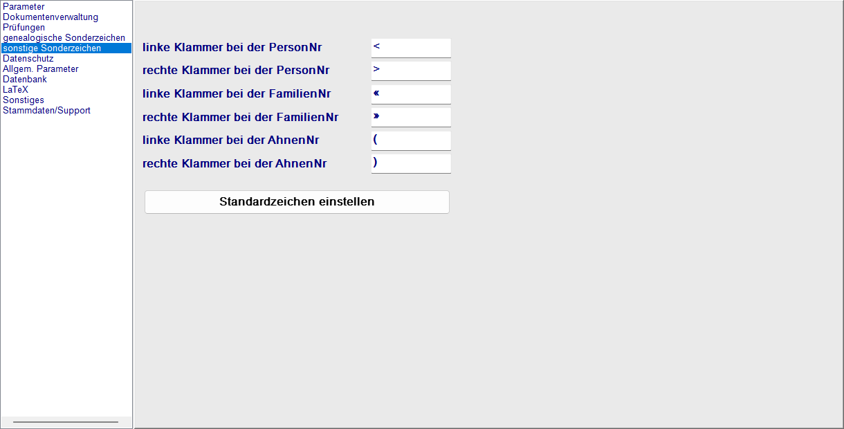 Einstellungen, Tab Sonstige Sonderzeichen