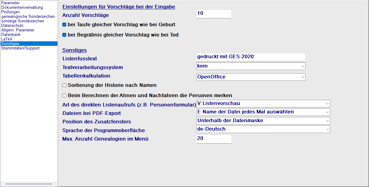 Einstellungen, Tab Sonstiges