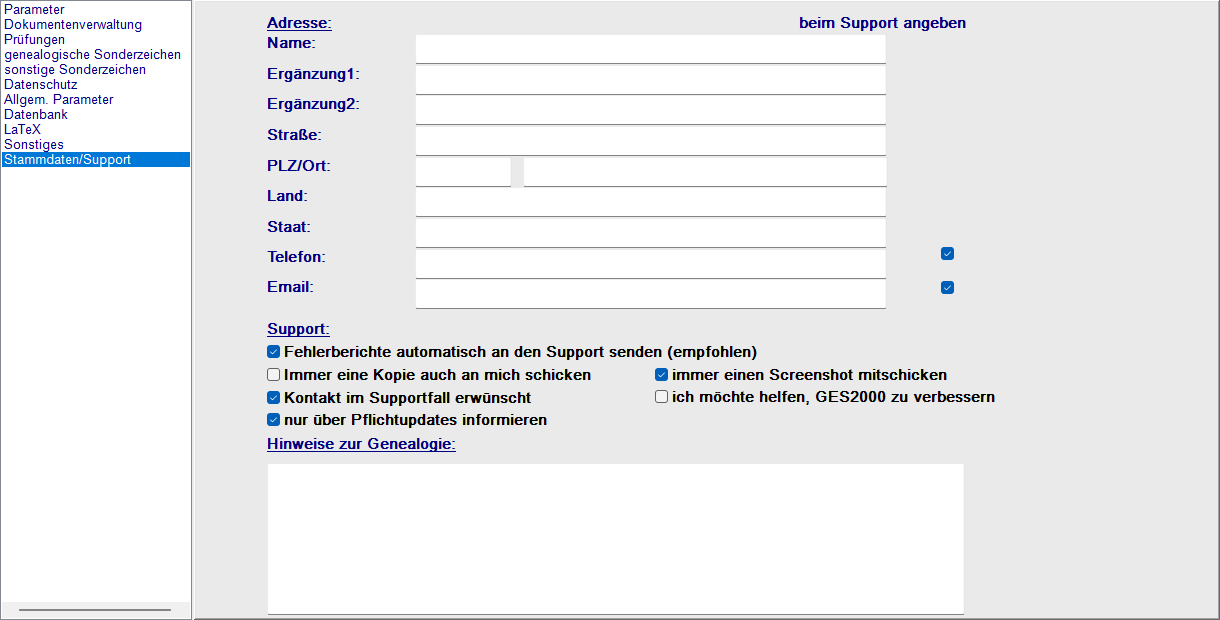 Einstellungen, Tab Stammdaten/Support mit Adressfeldern