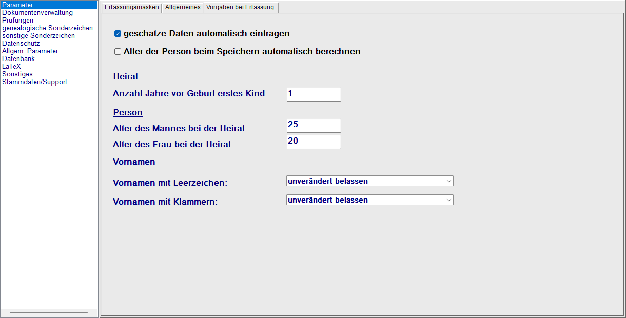 Einstellungen, Tab Parameter → Vorgaben bei Erfassung