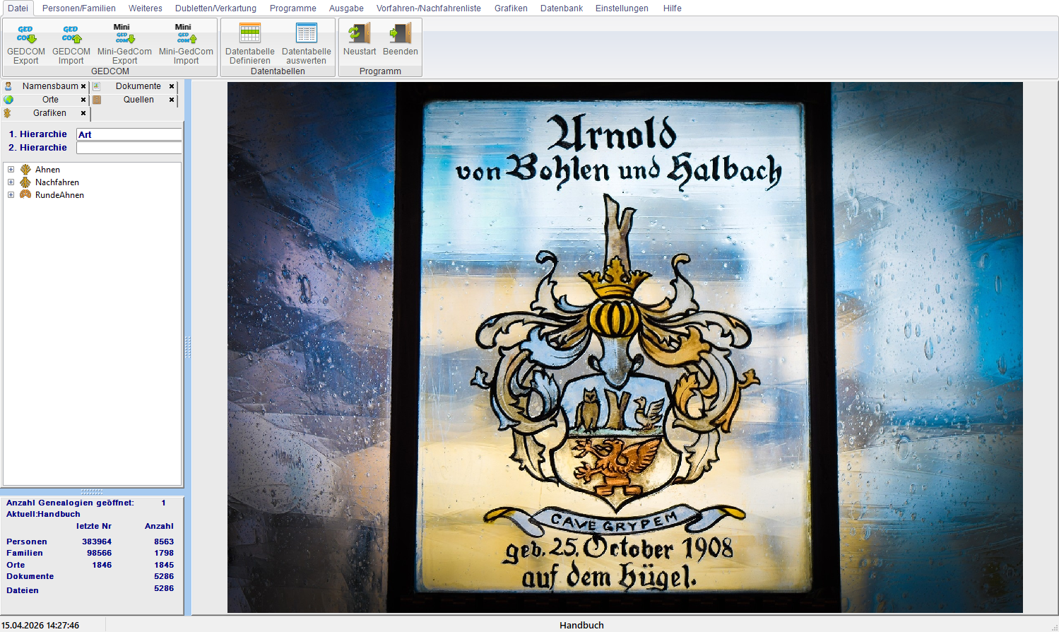 GES-2000 Startbildschirm mit Navigationsleiste, Ribbonleiste und Begrüßungsbereich