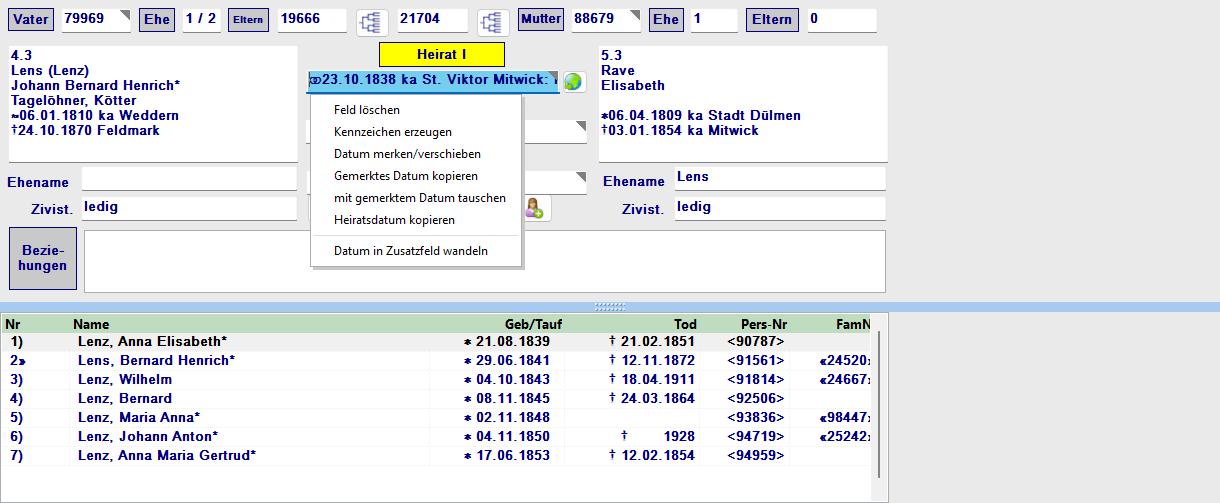 Kontextmenü auf einem Heirats-Datumsfeld