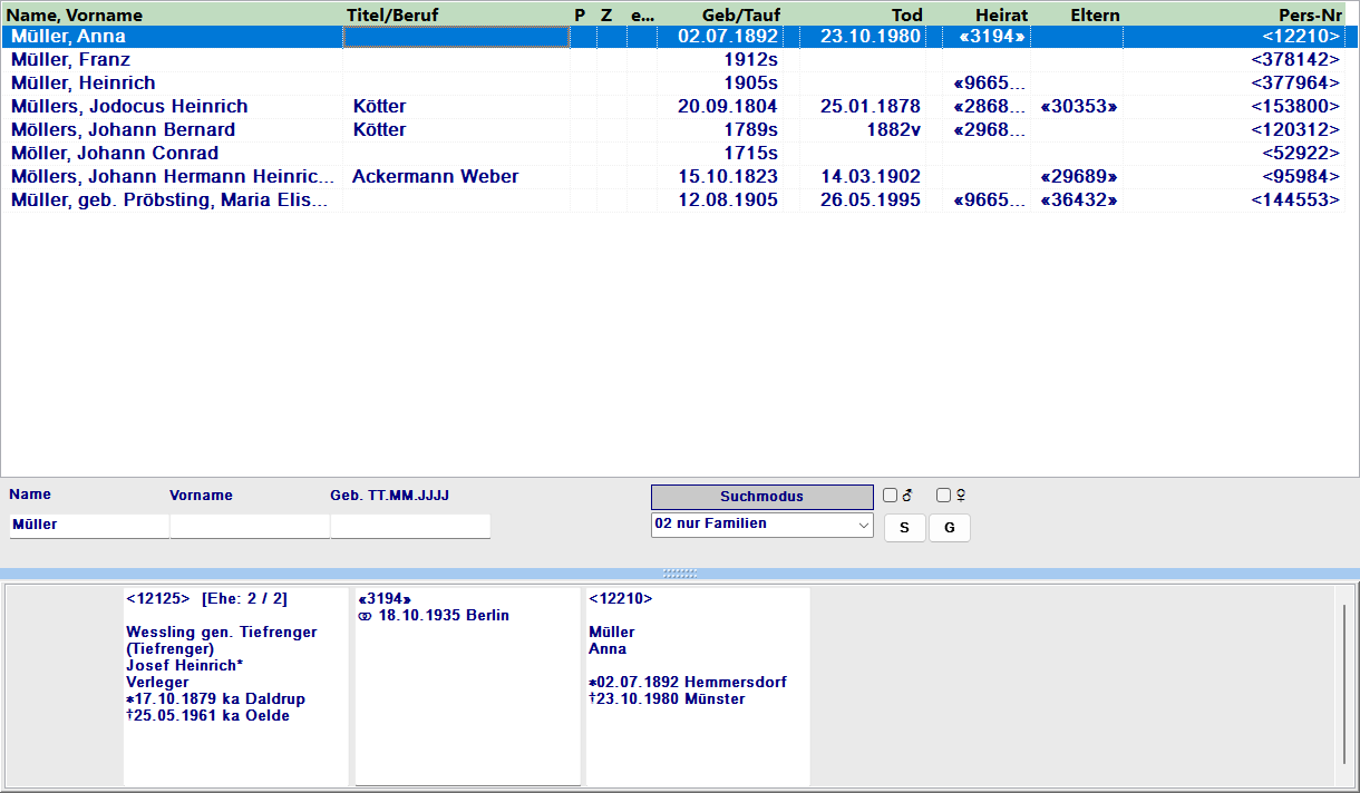 Ergebnisliste: Familien-Nr, Vater, Heiratsjahr, Mutter