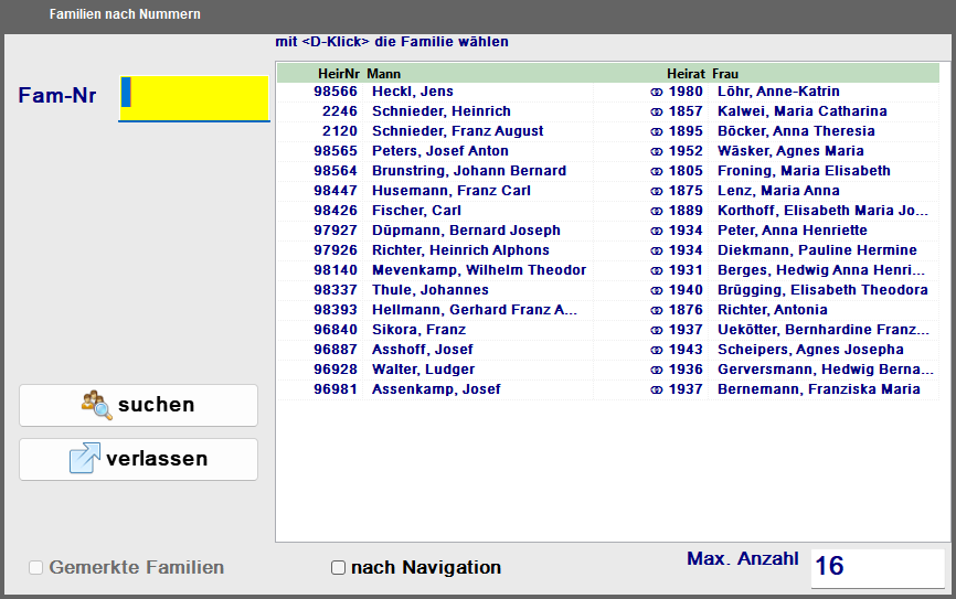 Formular 'Familien nach Nummern' mit Ergebnisliste