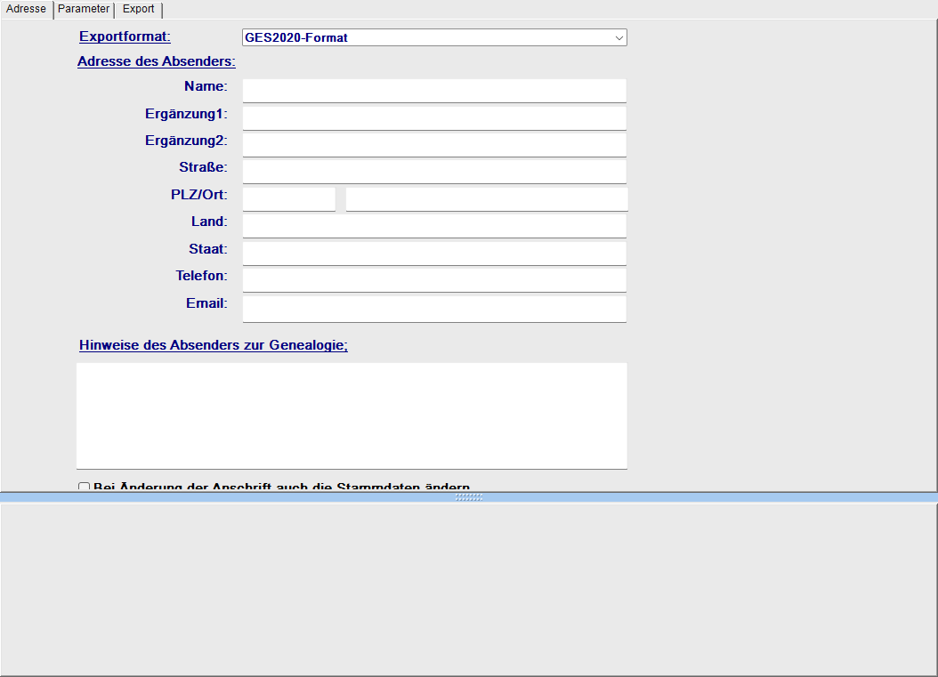 GEDCOM-Export-Formular Tab Auswahl mit Zählern