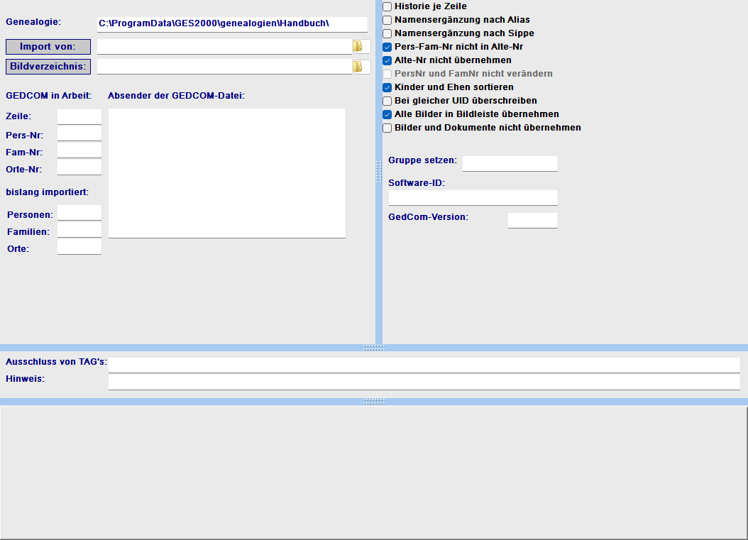 GEDCOM-Import-Formular mit geladener Datei und Importoptionen