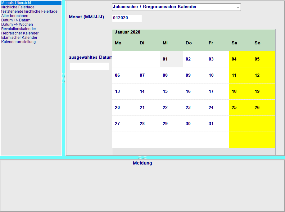Genealogiekalender-Formular mit Listart links und Tab-Bereich rechts