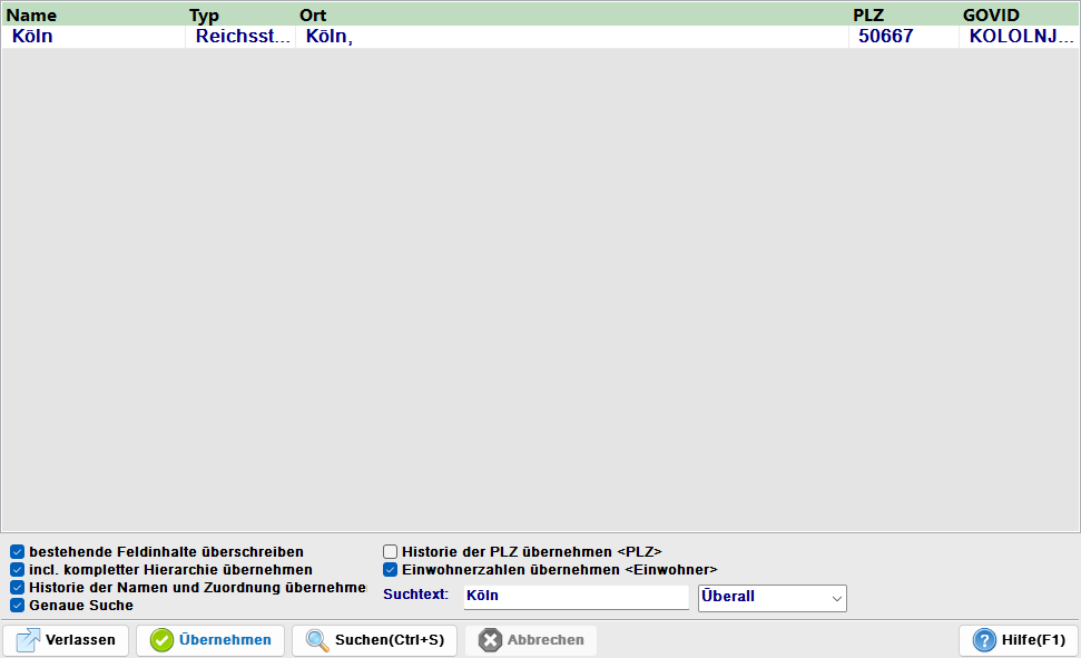 GOV-Suchdialog mit mehreren Treffern für die Suche nach Mühlbach