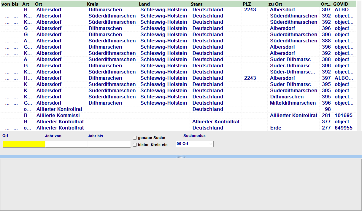 Ergebnisliste der Ortssuche mit Spalten Ort, Art, Kreis, Land, Staat, PLZ und GOV-ID