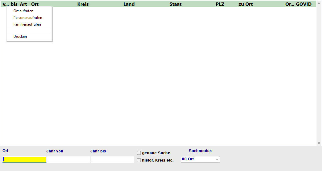 Kontextmenü in der Ortssuche mit Optionen Ort aufrufen, Personen aufrufen, Familien aufrufen