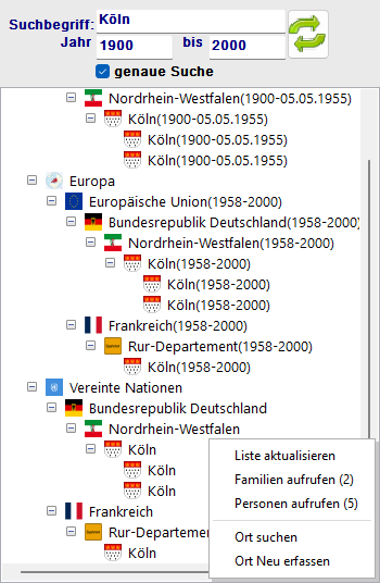 Rechtsklick-Menü im Ortsbaum mit Einträgen: Liste aktualisieren, Personen aufrufen, Familie aufrufen, Ort suchen, Ort neu erfassen