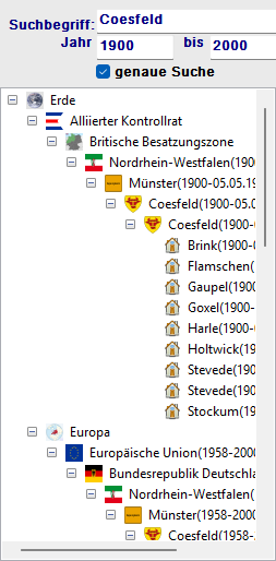 Ortsbaum mit aktivem Suchfilter – der Baum zeigt nur Orte, die den Suchbegriff enthalten