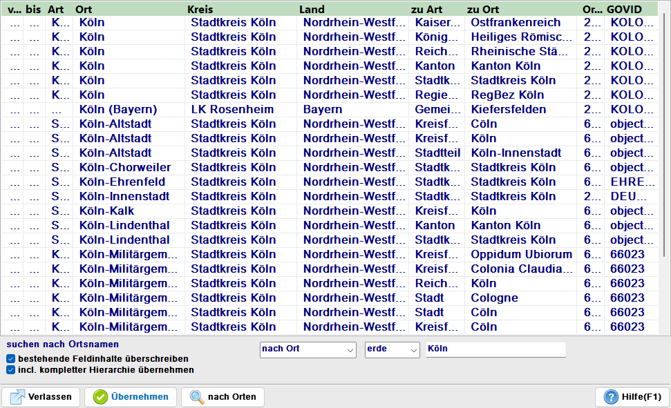 Suchdialog Ortsdatenbank mit Trefferliste für die Suche nach Köln