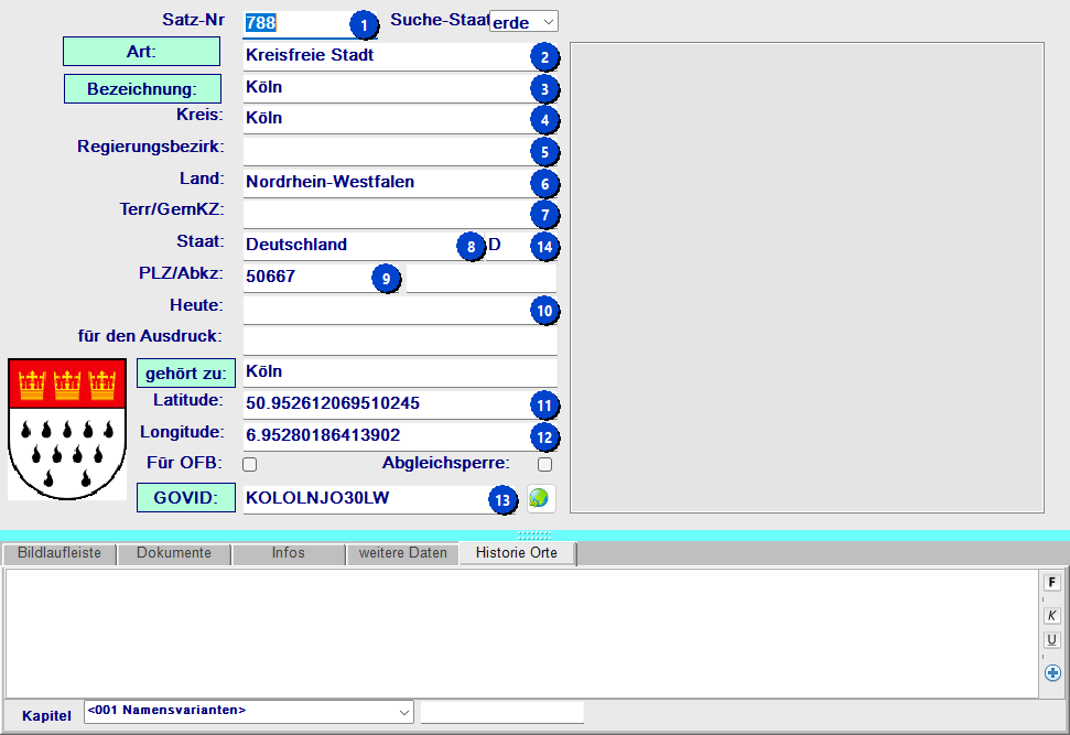 Alle Felder der Ortsverwaltung mit nummerierten Beschriftungen