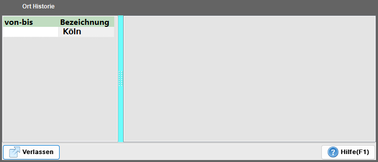 Dialog Historische Ortsnamen mit Tabelle der Gültigkeitszeiträume