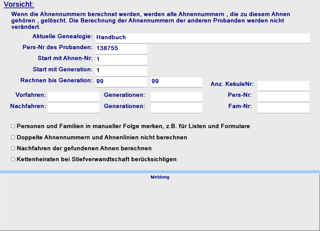 Ahnennummer-Berechnungsformular mit Eingabefeldern