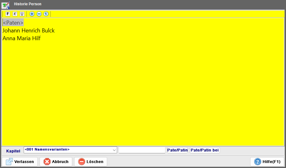 Historienansicht – Gesamtansicht mit Quellenverknüpfungen, Notiz und Änderungsprotokoll