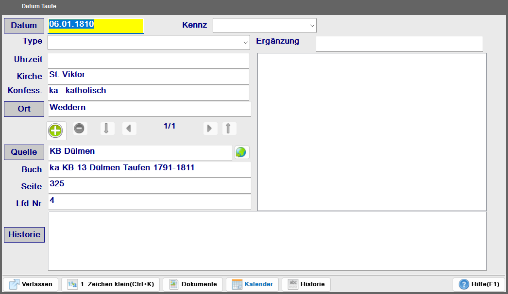 Datum-Formular mit Datum, Kennzeichen, Ort und Quelle