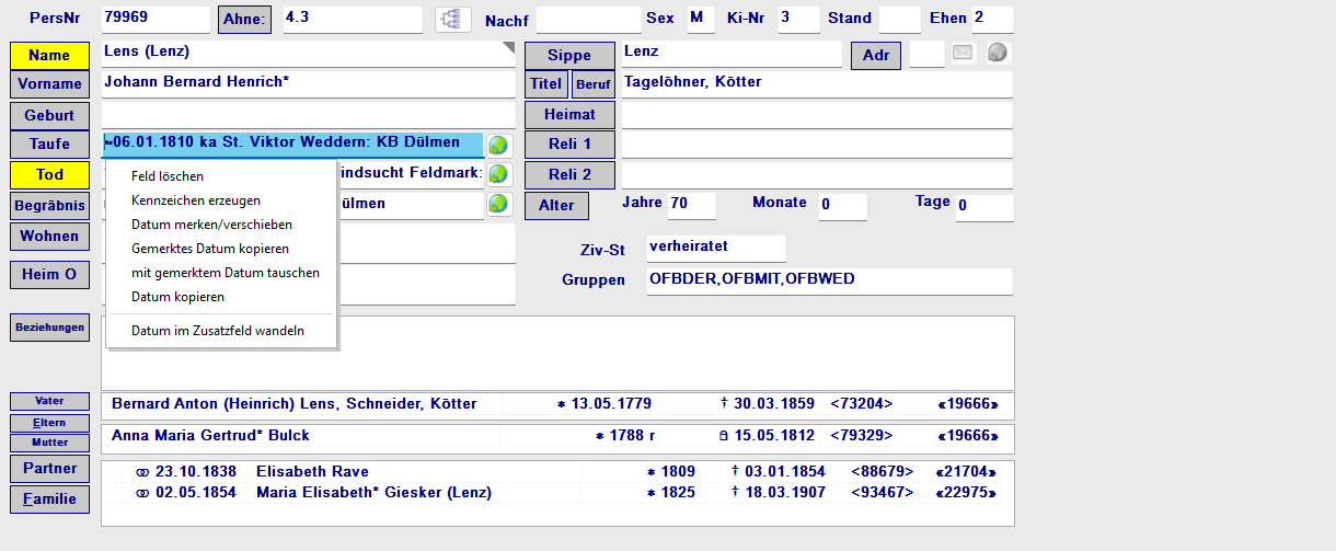 Personenformular mit geöffnetem Kontextmenü auf einem Datumsfeld