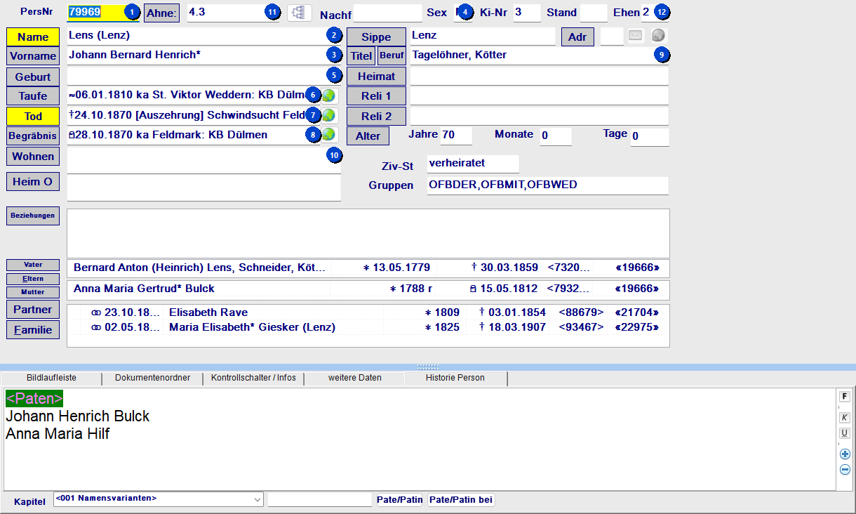 Personenformular mit nummerierten Callouts für alle Felder