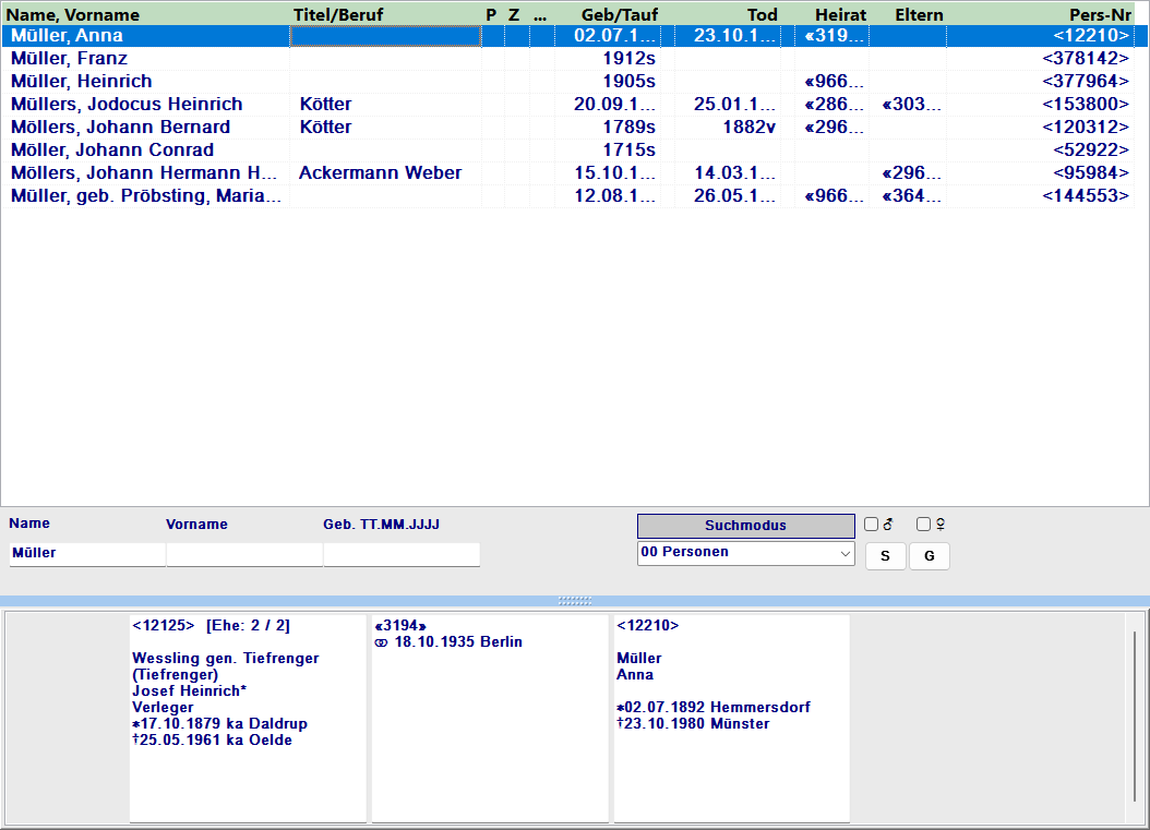 Ergebnisliste der Personensuche mit Spalten für Name, Vorname, Geburtsdatum, Geburtsort und Partner