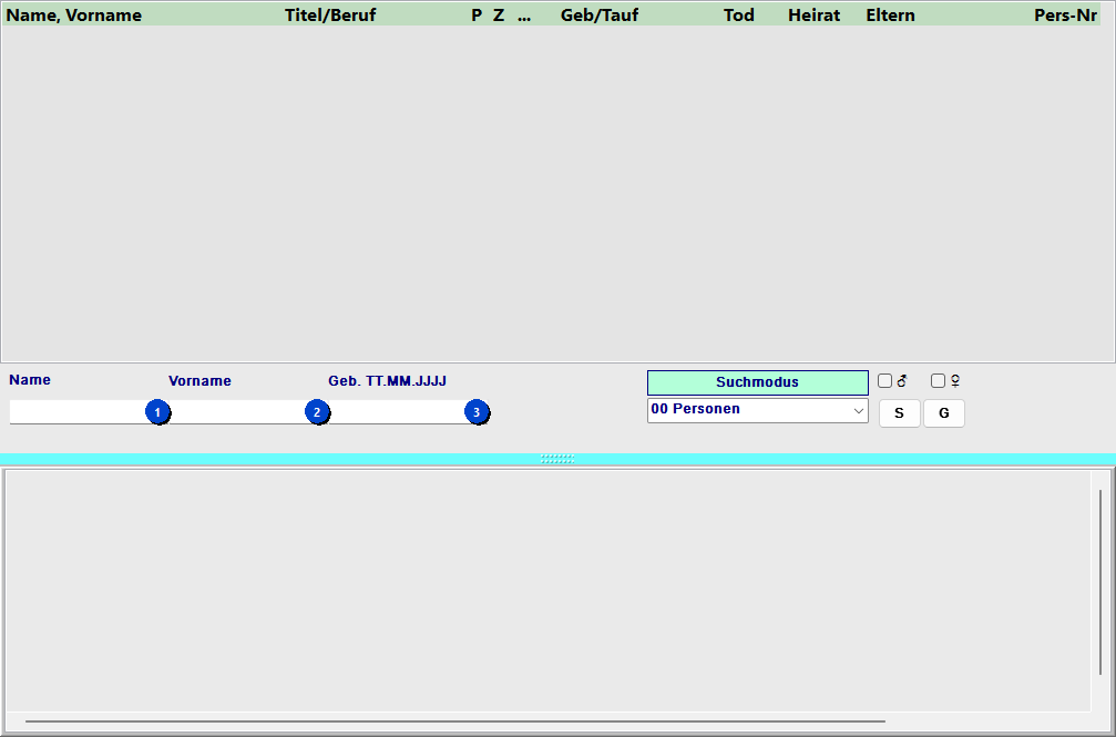 Suchfelder des Personensuchformulars mit nummerierten Bereichen: ①=Suchfeld, ②=Suchbegriffe, ③=Modus-Checkboxen, ④=Geschlecht
