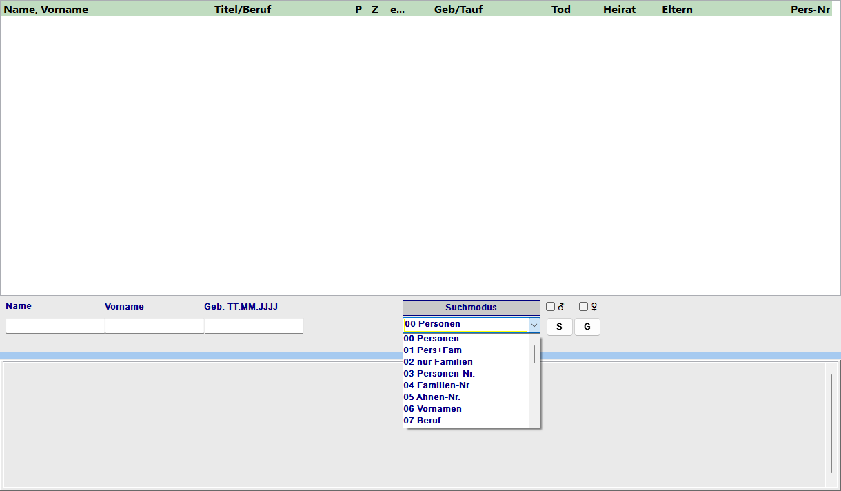 Aufgeklappte Auswahlbox der Suchmodi mit allen verfügbaren Suchoptionen