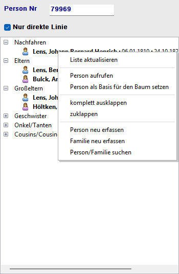 Kontextmenü des Personenbaums nach Rechtsklick auf eine Person