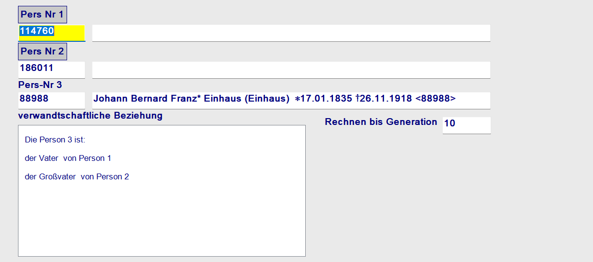Verwandtschafts-Dialog mit zwei Personen und Ergebnisliste